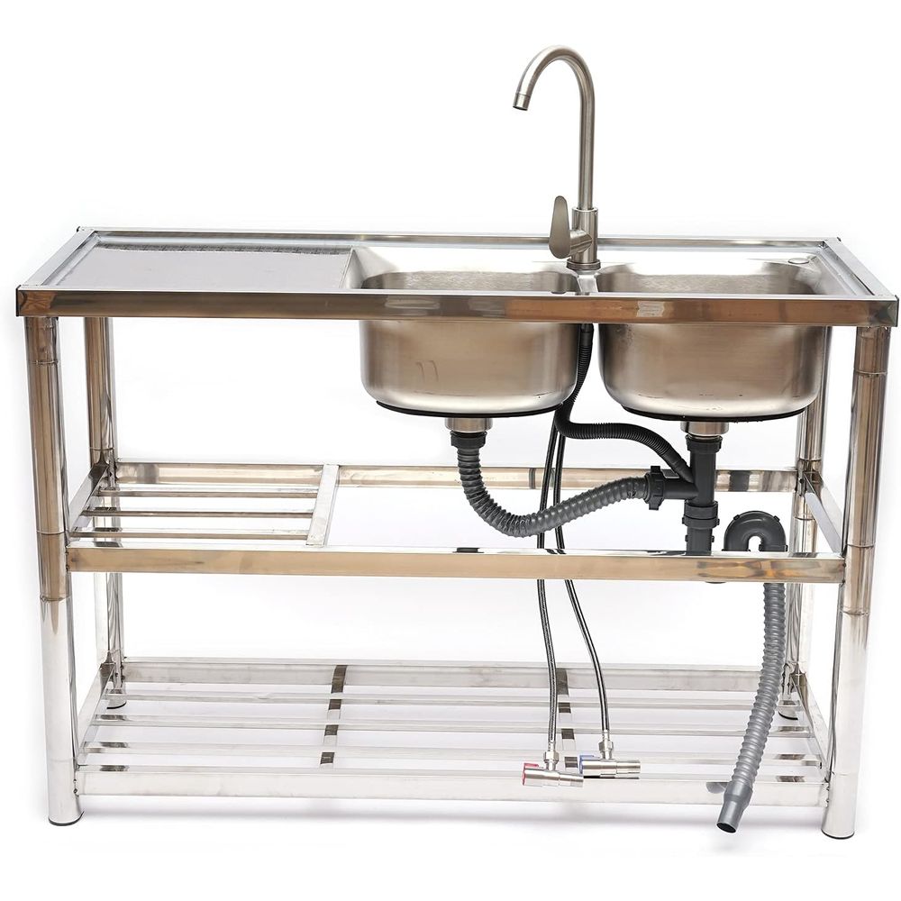 Commercial Kitchen Double Sink - ステンレス製二槽シンク、業務用レストランキッチンシンクセット（蛇口＆排水板付き）、2コンパートメントユーティリティシンク