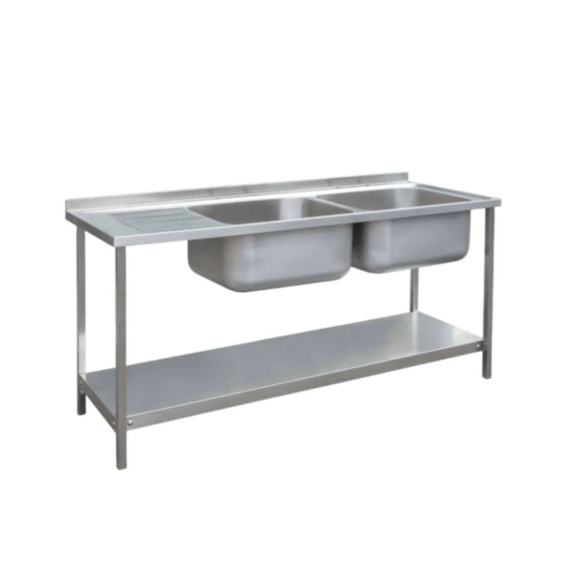 Commercial Kitchen Double Sink - 業務用厨房シンク ダブルシンク ステンレス製 食器洗い機台 木製