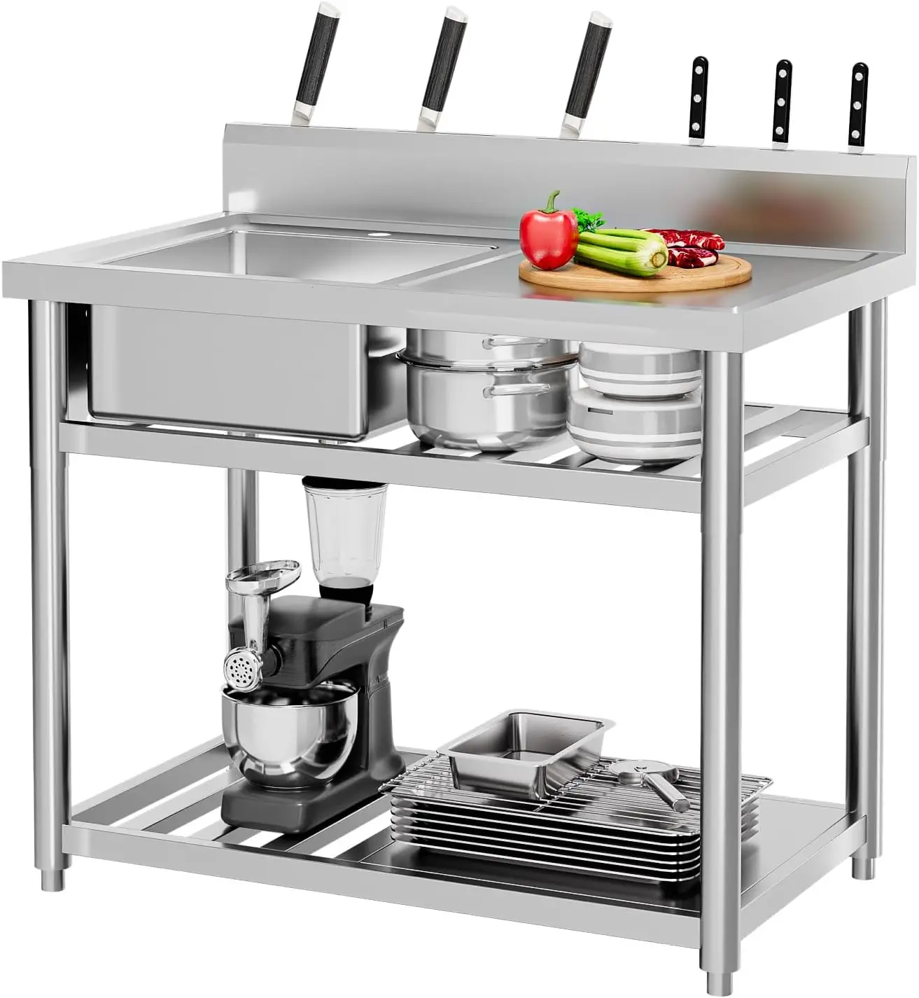 Commercial Kitchen Double Sink - ステンレス製ユーティリティシンク、業務用キッチンランドリールーム用ワークベンチ引き出し付き自立式ユーティリティシンク、ダブルシェルフ
