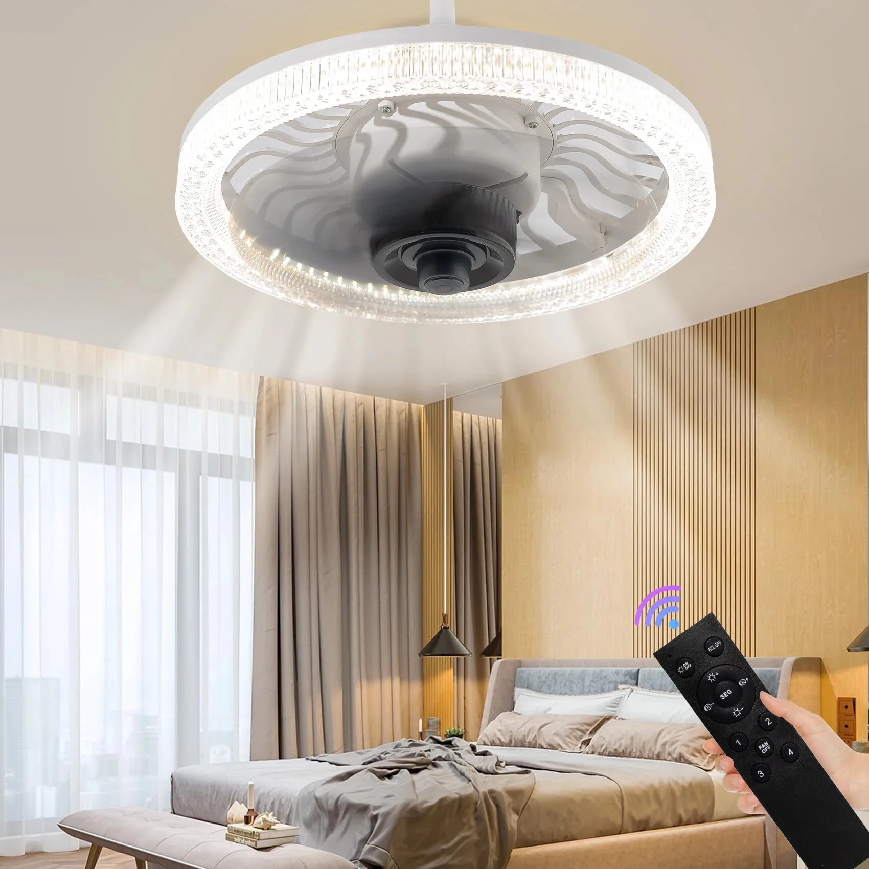 Commercial Kitchen Lights - スマート LED シーリングファンライト リモコン付き 調光可能 E27