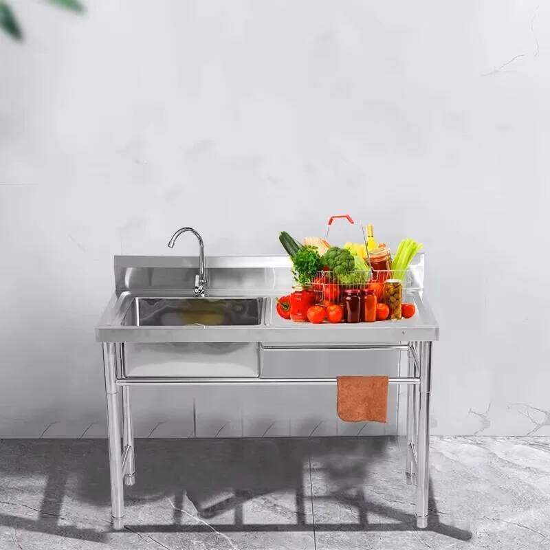 Commercial Kitchen Double Sink - 業務用ステンレス製キッチンシンク カウンター一体型食器洗いシンク 厚みのあるブラケット付き シングルスロット