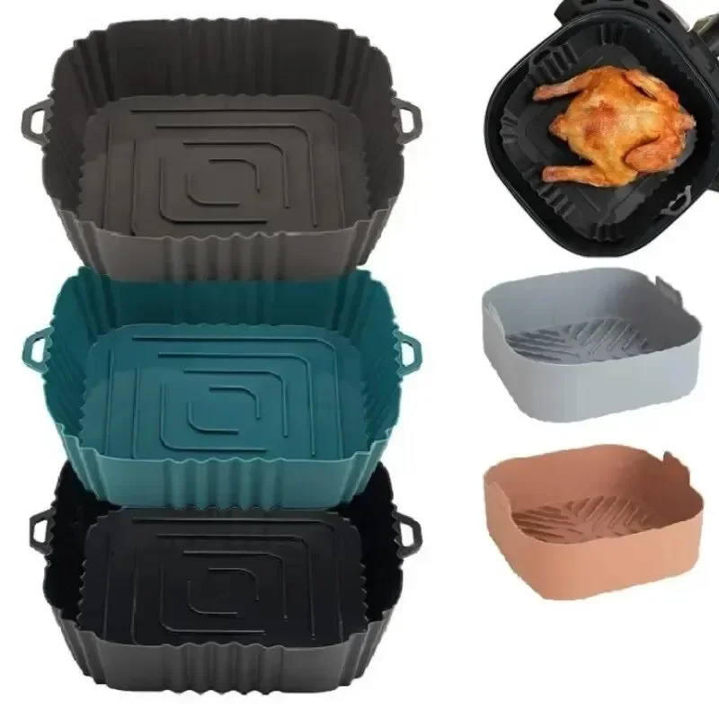 Commercial Kitchen Cooking - 1PC シリコンエアフライヤーバスケット、ピザフライドチキンベーキングアクセサリー用のラウンドスクエア再利用可能なパンライナー