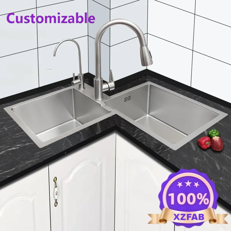 Commercial Kitchen Double Sink - 工場直販 2026年 長持ちするキッチン家具 厚みのある304ステンレス鋼シンク洗面台 コーナー型ダブルステンレスシンク