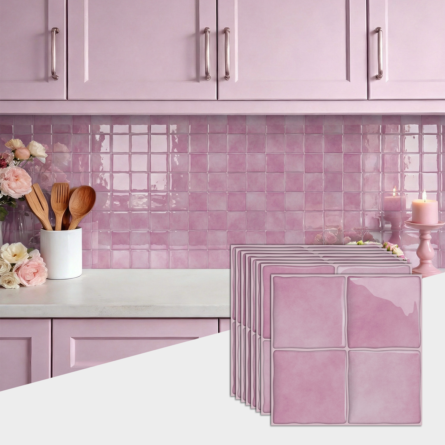 Commercial Kitchen Wall Panels - 3Dエポキシピンクタイルウォールステッカー（6x6インチ）自己粘着PET+PU防水装飾、キッチン、バスルーム用