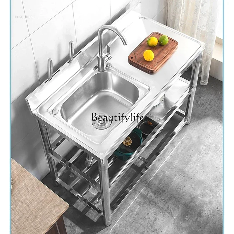 Commercial Kitchen Double Sink - 業務用キッチン向け、厚みのあるモダンなフロアスタンド式ダブルシンク、シンプルなメタル製