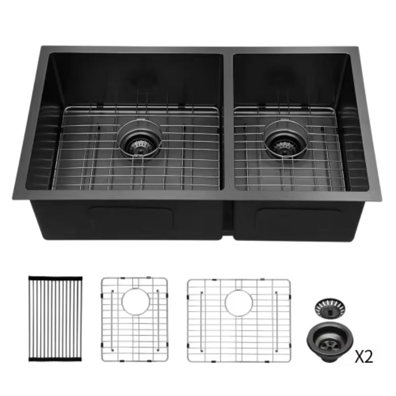 Commercial Kitchen Double Sink - ATV モダン大型ダブルボウルキッチンシンク、排水ボード付き 33x19インチ、アメリカン304ステンレス鋼アンダーマウント業務用シンク