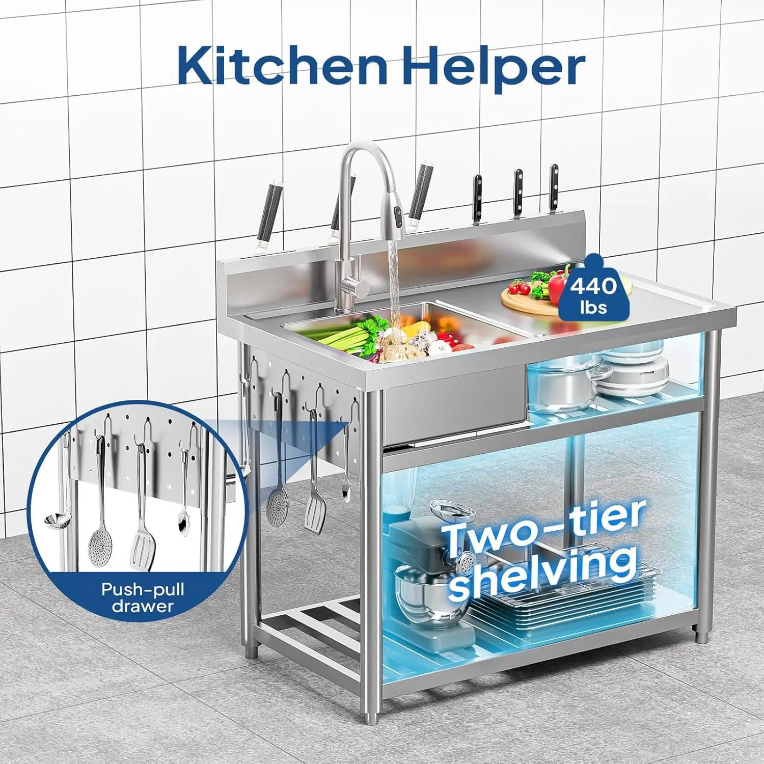 ステンレス製ユーティリティシンク、業務用キッチンランドリール - Commercial Kitchen Double Sink のレビューと価格
