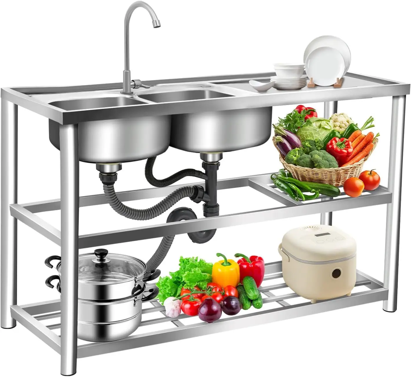 3段式自立型ステンレス製シンク、ダブルボウル業務用レストラン - Commercial Kitchen Double Sink のレビューと価格