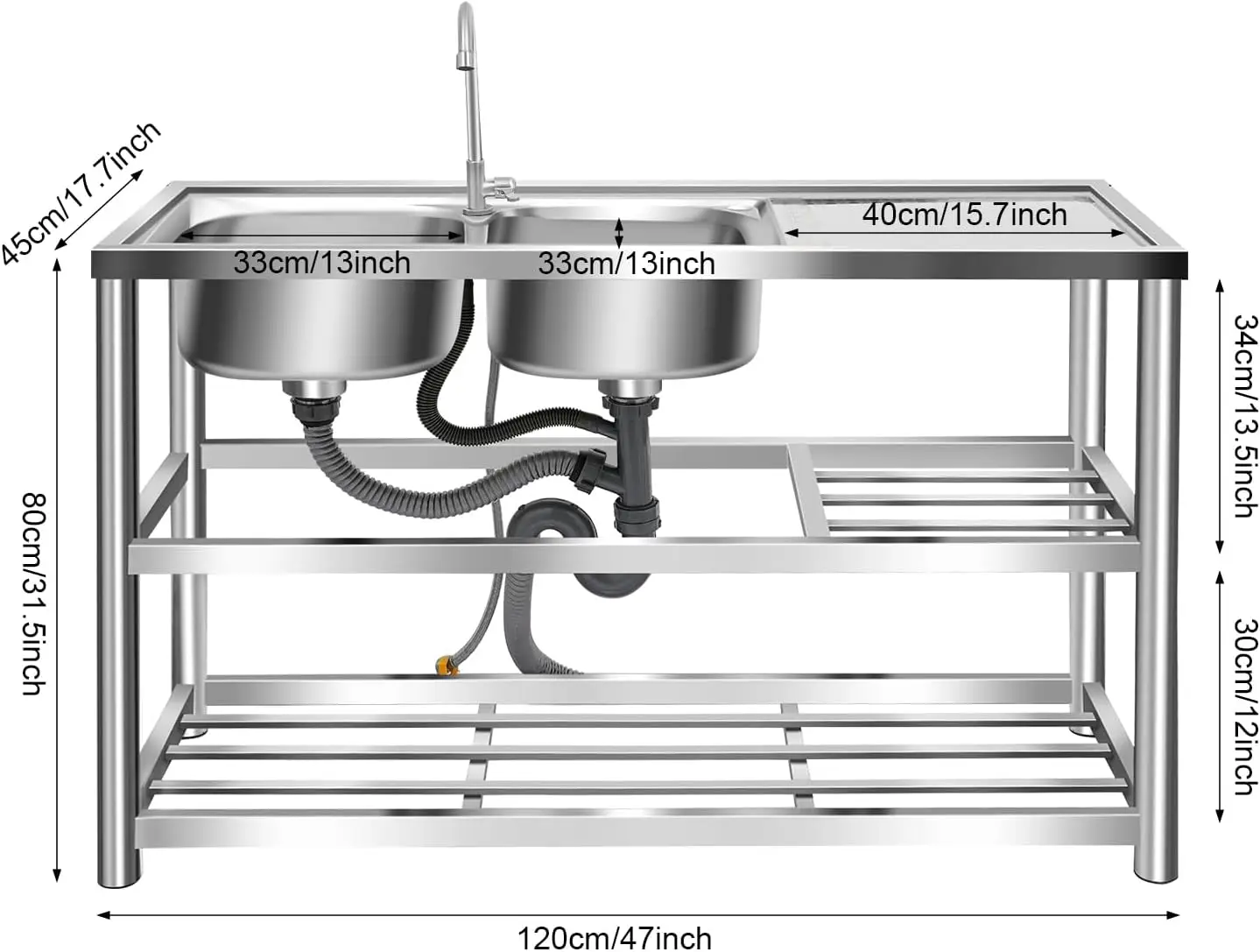 3段式自立型ステンレス製シンク、ダブルボウル業務用レストラン - Commercial Kitchen Double Sink のレビューと価格