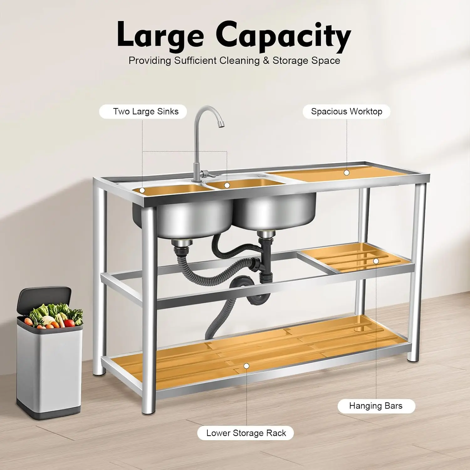 3段式自立型ステンレス製シンク、ダブルボウル業務用レストラン - Commercial Kitchen Double Sink のレビューと価格