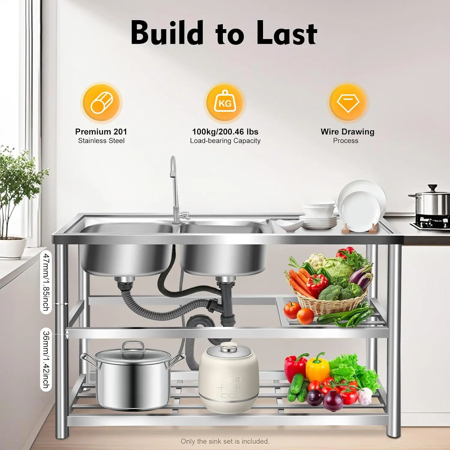 3段式自立型ステンレス製シンク、ダブルボウル業務用レストラン - Commercial Kitchen Double Sink のレビューと価格