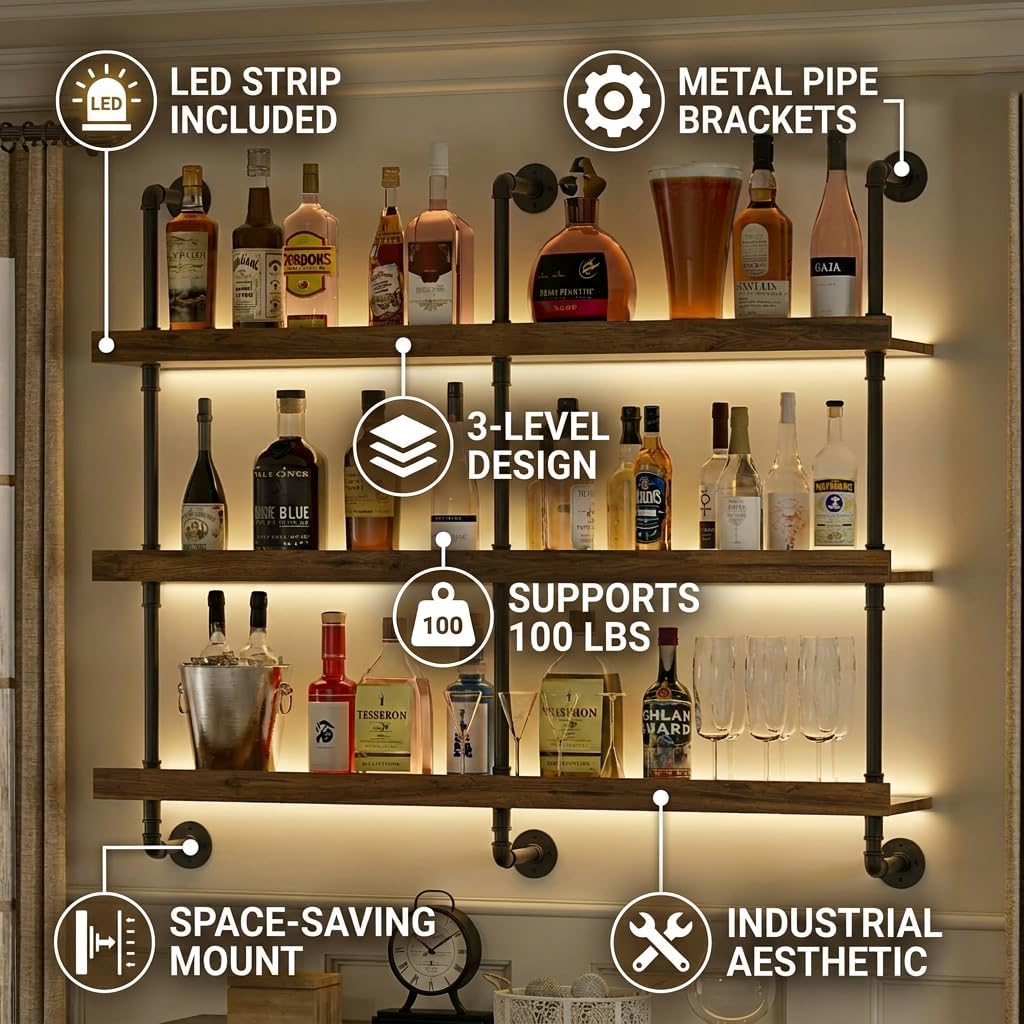 壁掛けワインラック LEDライト付き 3段フローティングバー - Commercial Kitchen Lights のレビューと価格