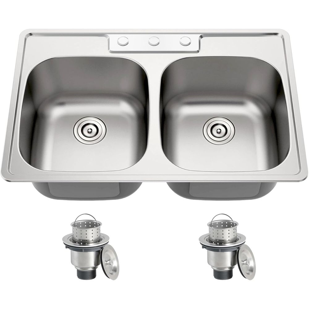 33×22ステンレス製ダブルボウルキッチンシンク、50/50 - Commercial Kitchen Double Sink のレビューと価格