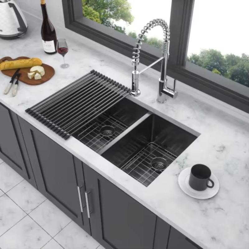 ATV モダン大型ダブルボウルキッチンシンク、排水ボード付き - Commercial Kitchen Double Sink のレビューと価格